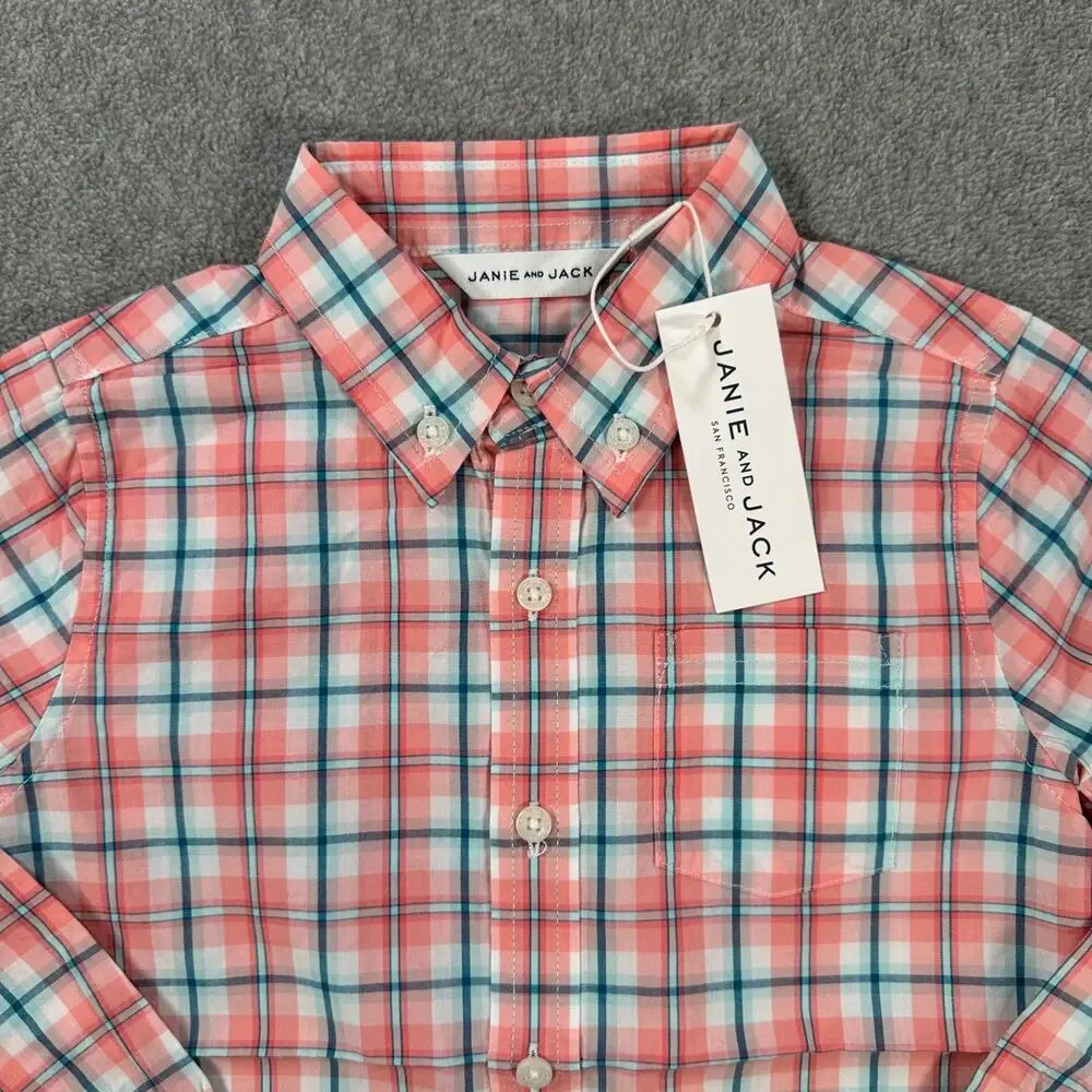 Janie and Jack Button Front Shirt Boys Size 4 Pink Plaid Cotton Long Sleeve